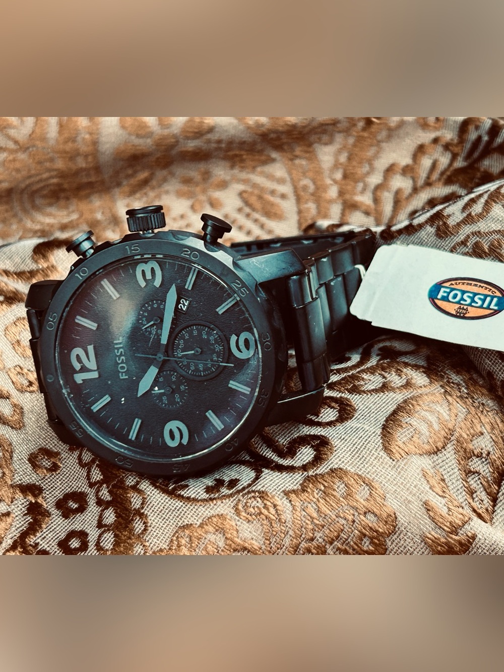 Fossil Nate Men's Black Metal Chronograph Watch with black Reflective Dial